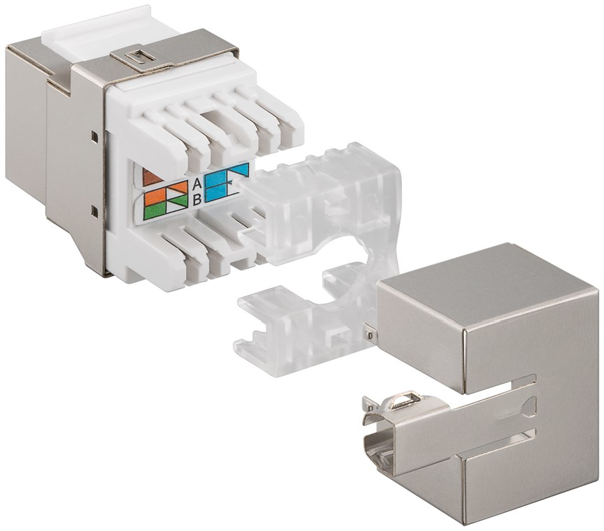 Keystone Modul RJ45 CAT 6, STP - 17,4 mm breit, Klemmleiste für werkzeugfreie LSA-Montage, 90°-gewinkelter Ausgang