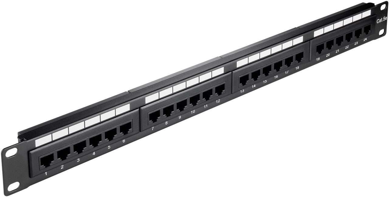 CAT 5e 19-Zoll (48,3 cm) Patch Panel, 24 Port, (1 HE) CAT 5e 19-Zoll (48,3 cm) Patch Panel, 24 Port, (1 HE) - Schirmungsklasse UTP - UTP ungeschirmt, Schwarz