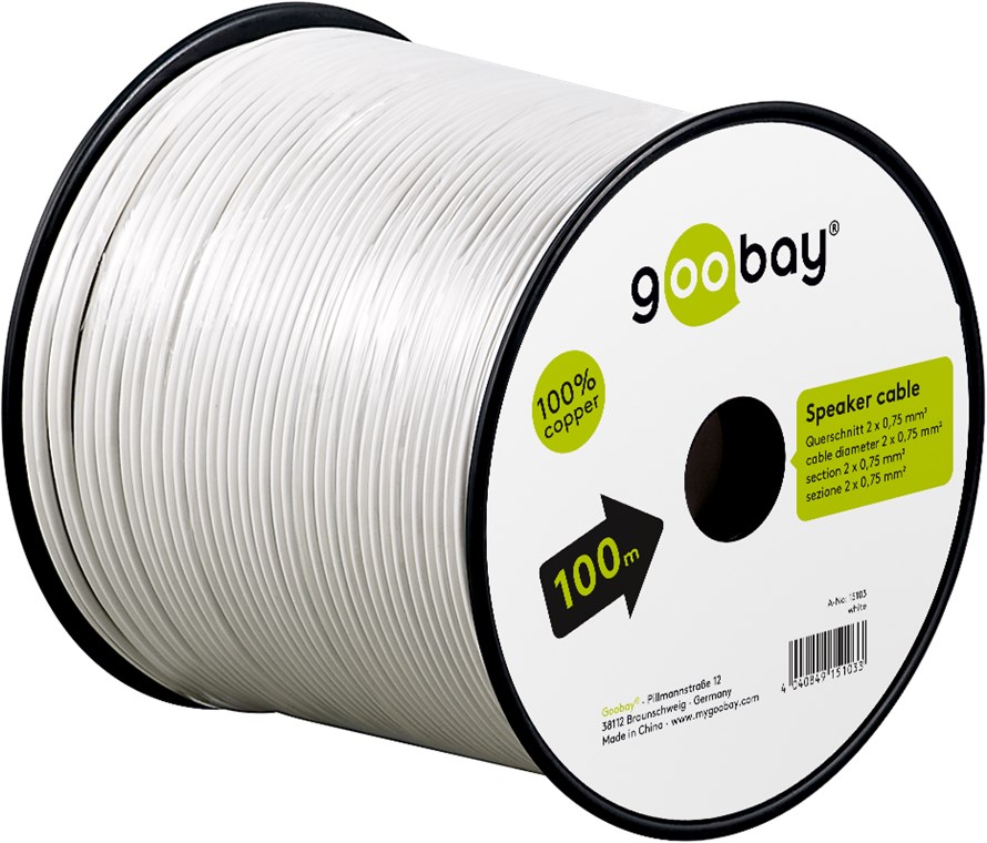 Lautsprecherkabel weiß CU - Kabellänge 100 m - 100 m Spule, Querschnitt 2 x 0,75 mm² Lautsprecherkabel weiß CU - Kabellänge 100 m - 100 m Spule, Querschnitt 2 x 0,75 mm²