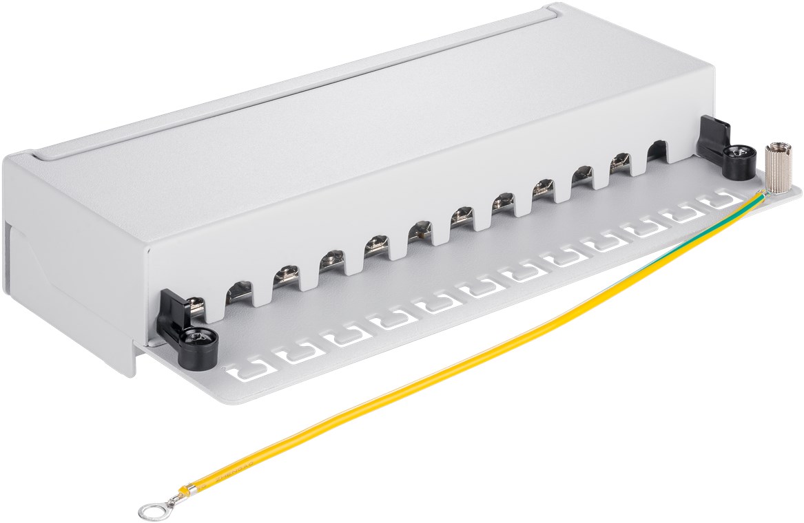 CAT 5e Mini/Desktop Patch Panel, 12 Port, (1 HE) - Farbversion Grau - STP geschirmt, Grau