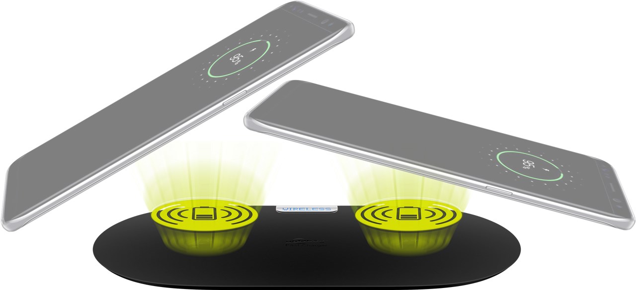 Kabelloses Dual-Schnellladegerät 10 W, Schwarz - flaches Tischladegerät geeignet für zwei Smartphones und Geräte mit Qi-Standard Kabelloses Dual-Schnellladegerät 10 W, Schwarz - flaches Tischladegerät geeignet für zwei Smartphones und Geräte mit Qi-Standard