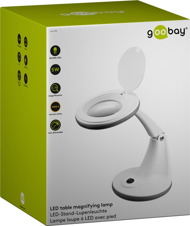 LED-Stand-Lupenleuchte, 5 W - 100 mm Glaslinse, 1,75-fache Vergrößerung, 3 Dioptrien, 450 lm