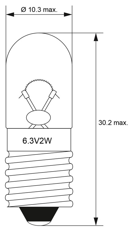 Röhrenlampe, 2 W - Max. Leistungsaufnahme 2 W - Sockel E10, 6,3 V (DC), 320 mA Röhrenlampe, 2 W - Max. Leistungsaufnahme 2 W - Sockel E10, 6,3 V (DC), 320 mA