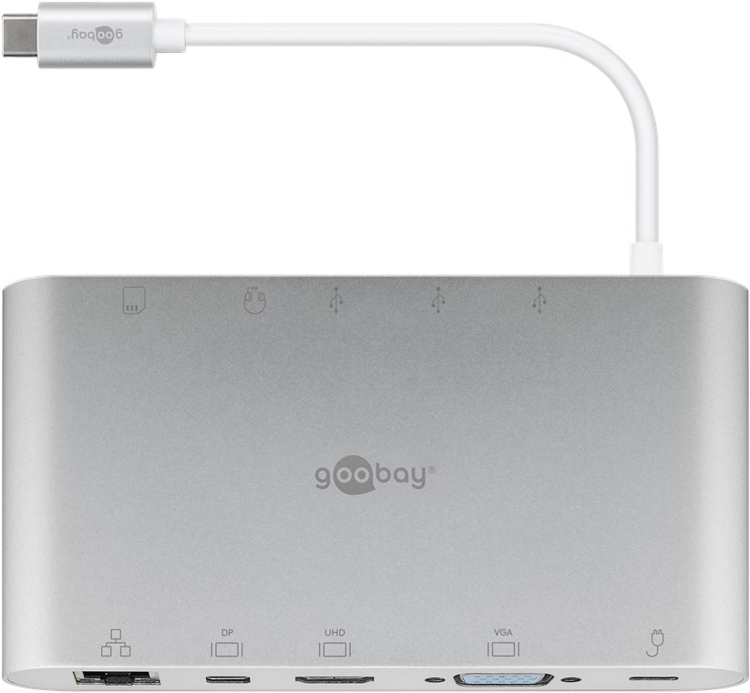 USB-C™ Multiport-Adapter aus Aluminium - erweitert ein USB-C™ Gerät um einen Ethernet-, einen HDMI™-, einen VGA-, einen Mini DisplayPort-, einen 3,5 mm-Klinkenanschluss sowie einen Kartenleser für SD- und Micro-SD-Karten USB-C™ Multiport-Adapter aus Aluminium - erweitert ein USB-C™ Gerät um einen Ethernet-, einen HDMI™-, einen VGA-, einen Mini DisplayPort-, einen 3,5 mm-Klinkenanschluss sowie einen Kartenleser für SD- und Micro-SD-Karten