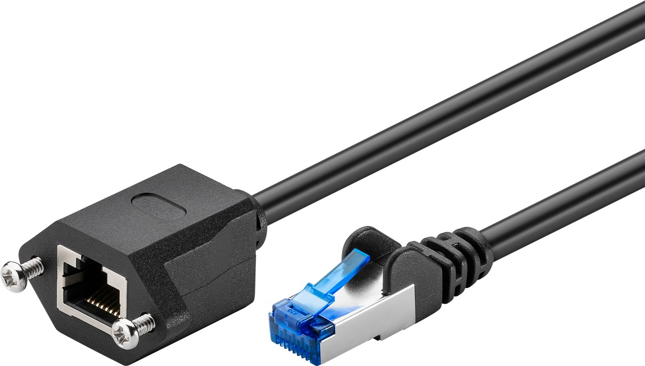 CAT 6A Verlängerungskabel, S/FTP (PiMF), Schwarz, 3 m CAT 6A Verlängerungskabel, S/FTP (PiMF), Schwarz, 0,5 m - Kabellänge 0.5 m - Kupferleiter (CU), halogenfreier Kabelmantel (LSZH), mit Montageflansch