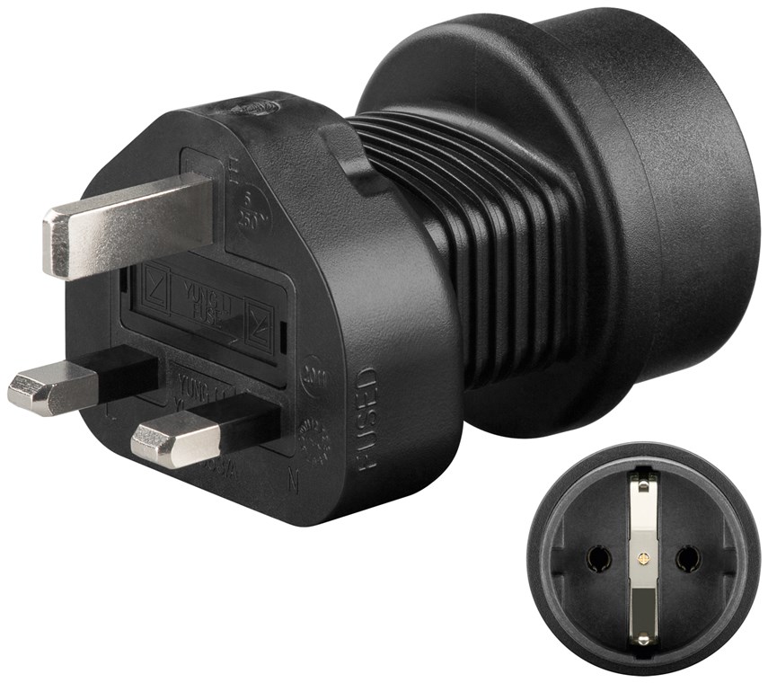 Netzadapter UK, Schwarz Netzadapter UK, Schwarz - Schutzkontaktbuchse (Typ F, CEE 7/3) > UK 3-Pin-Stecker (Typ G, BS 1363)