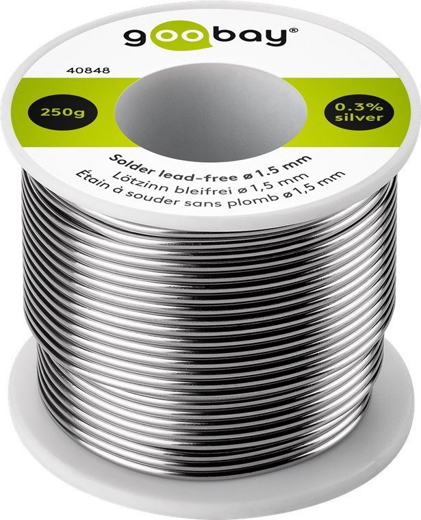 Profi Lötzinn bleifrei, ø 1,5 mm, 250 g Profi Lötzinn bleifrei, ø 1,5 mm, 250 g - Zusammensetzung: 0,3 % Silber, 0,7 % Kupfer, 96,5 % Zinn, Flussmittelanteil: 2,5 %, Schmelzpunkt 217° C