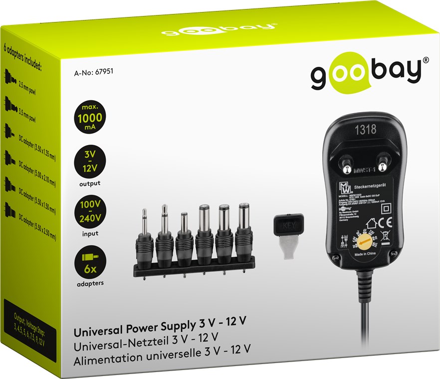 3 V - 12 V Universal-Netzteil - Ausgang, max. Stromstärke (DC) 0.0416666666666667 - inkl. 6 DC-Adapter - max. 12 W und 1 A 3 V - 12 V Universal-Netzteil - Ausgang, max. Stromstärke (DC) 0.0416666666666667 - inkl. 6 DC-Adapter - max. 12 W und 1 A
