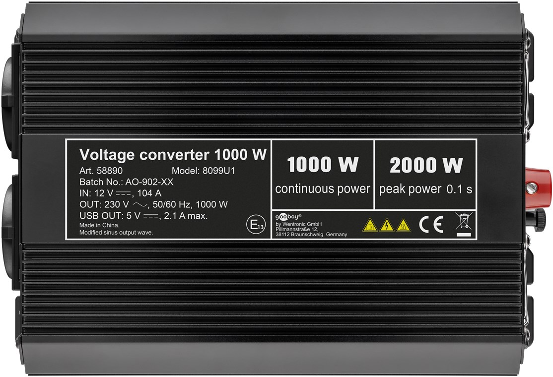 Spannungswandler 1000 W - wandelt 12 V DC in 230 V AC um Spannungswandler 1000 W - wandelt 12 V DC in 230 V AC um