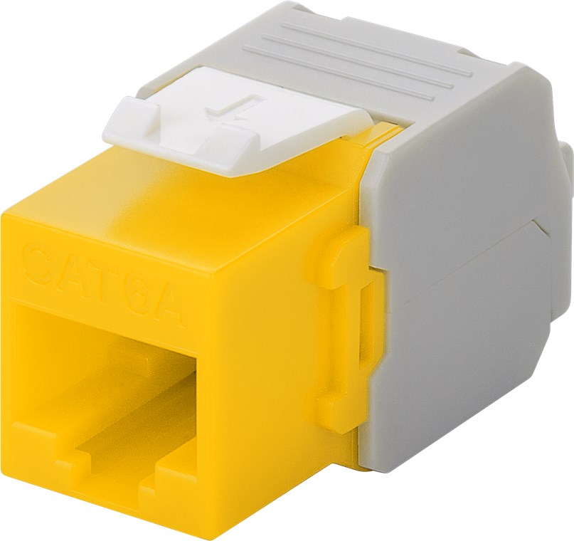 Keystone Modul RJ45 CAT 6A, UTP Keystone Modul RJ45 CAT 6A, UTP - Farbversion Gelb - 16,5 mm breit, Krokodil-Typ, Klemmleiste für werkzeugfreie LSA-Montage