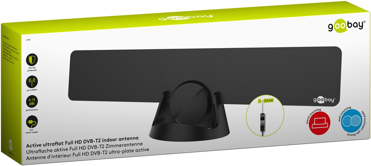 Ultraflache aktive Full HD DVB-T2 Zimmerantenne, inkl. LTE/4G Filter - mit bis zu 16 dBi Verstärkung bei schwachem Empfangssignal Ultraflache aktive Full HD DVB-T2 Zimmerantenne, inkl. LTE/4G Filter - mit bis zu 16 dBi Verstärkung bei schwachem Empfangssignal