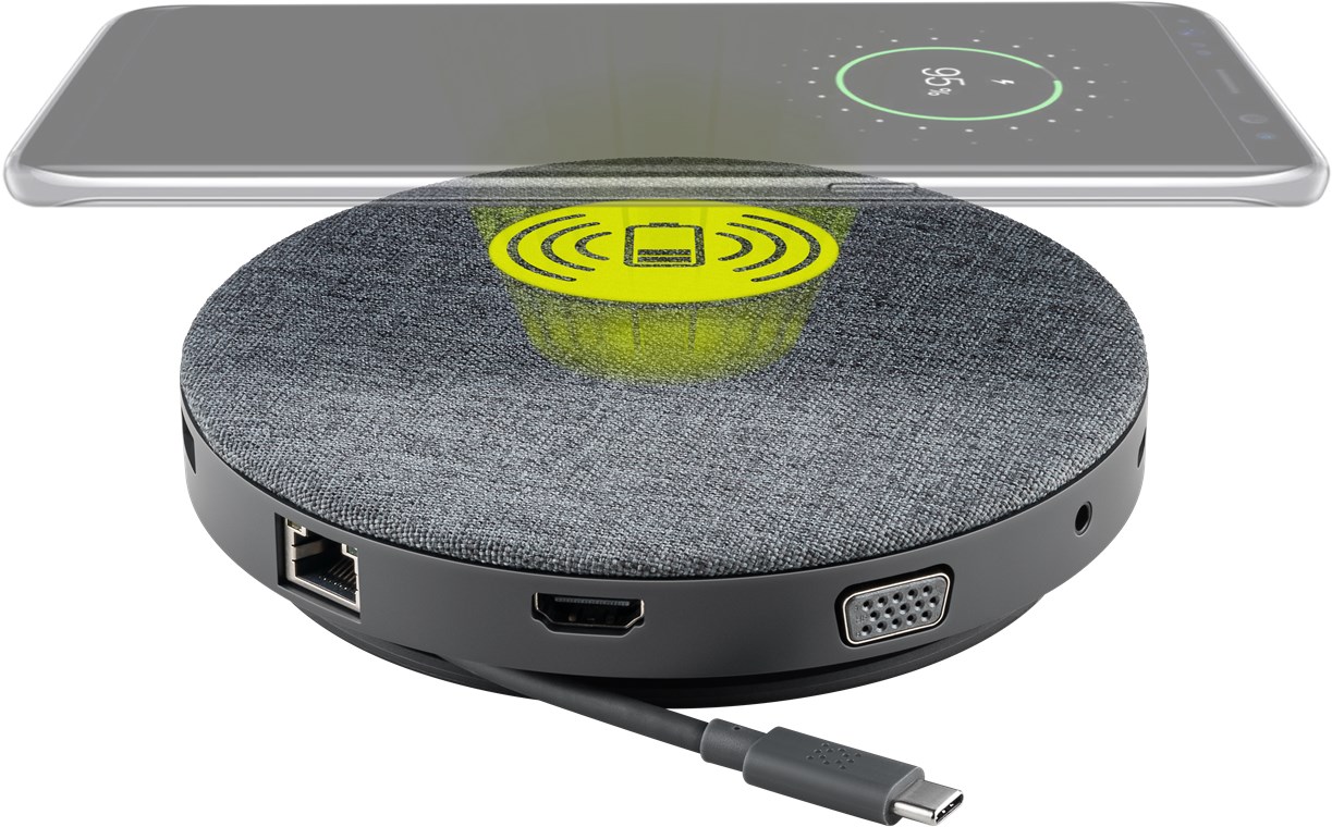 USB-C™ 11 in 1 Multiport Dock mit Wireless Fast Charging und Power Delivery 100 W - es erweitert einen USB-C™-Anschluss um folgende Dinge: MicroSD- & SD-Kartenleser, 4K HDMI™-Anschluss, VGA-Anschluss, RJ45-Gigabit-Ethernet-Anschluss & 3,5 mm Audio-Port.