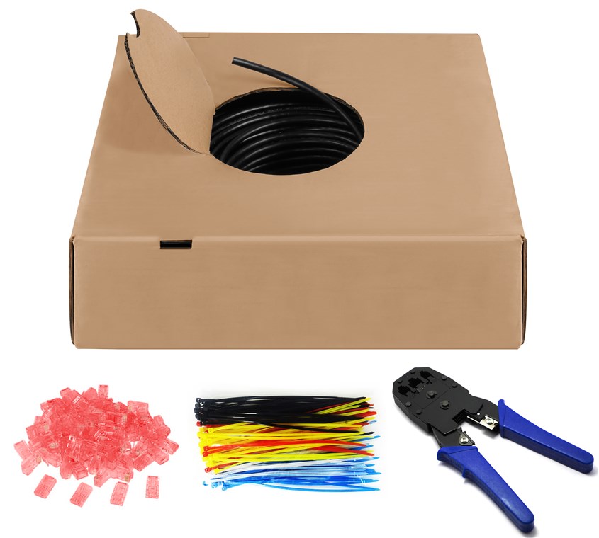 CAT 6 Outdoor Netzwerkkabel-Set, U/UTP, Schwarz - Kabellänge 305 m - Kupferleiter (CU), AWG 24/1 (solid), Polyethylen-Kabelmantel (PE) CAT 6 Outdoor Netzwerkkabel-Set, U/UTP, Schwarz - Kabellänge 305 m - Kupferleiter (CU), AWG 24/1 (solid), Polyethylen-Kabelmantel (PE)