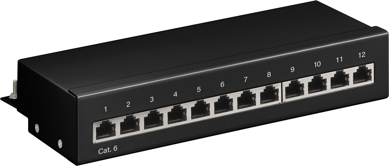 CAT 6 Mini/Desktop Patch Panel, 12 Port, (1 HE) CAT 6 Mini/Desktop Patch Panel, 12 Port, (1 HE) - Farbversion Schwarz - STP geschirmt