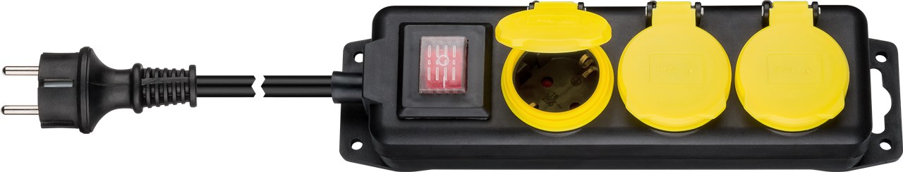 Steckdosenleiste 3-fach, spritzwassergeschützt, 3 m Steckdosenleiste 3-fach, spritzwassergeschützt, 3 m - Eingang, Typ 3x Schutzkontaktbuchse (Typ F, CEE 7/3) - 3 Schutzkontaktbuchsen mit Schutzkappen, für den Außenbereich geeignet