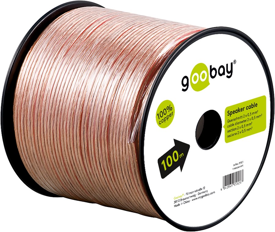 Lautsprecherkabel Transparent CU - Kabellänge 100 m - 100 m Spule, Querschnitt 2 x 0,5 mm²