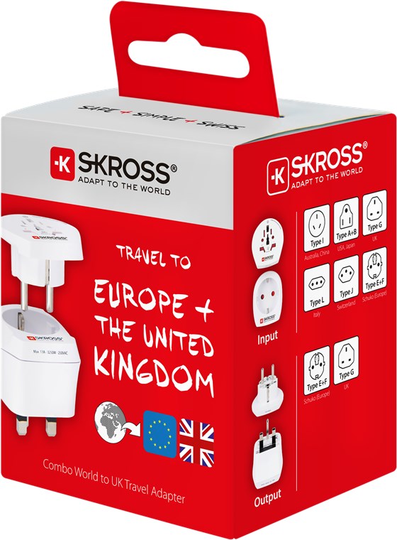 Country Combo World to UK - Ausgang, Typ UK-Stecker - geeignet für alle geerdeten und ungeerdeten Geräte (2- und 3-polig) Country Combo World to UK - Ausgang, Typ UK-Stecker - geeignet für alle geerdeten und ungeerdeten Geräte (2- und 3-polig)