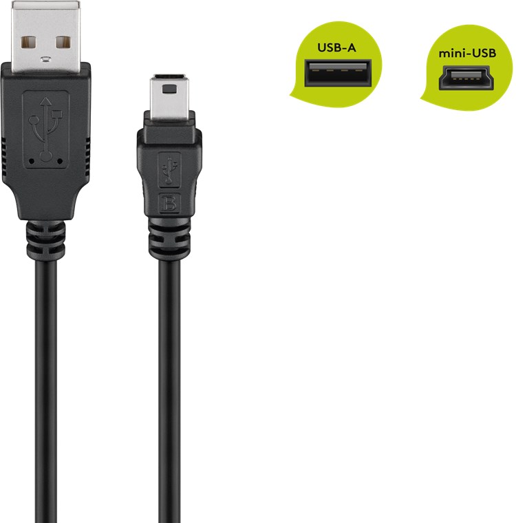 Mini USB Sync- und Ladekabel, Schwarz - Kabellänge 1 m - USB 2.0-Stecker (Typ A) > USB 2.0-Mini-Stecker (Typ B, 5-Pin) Mini USB Sync- und Ladekabel, Schwarz - Kabellänge 1 m - USB 2.0-Stecker (Typ A) > USB 2.0-Mini-Stecker (Typ B, 5-Pin)