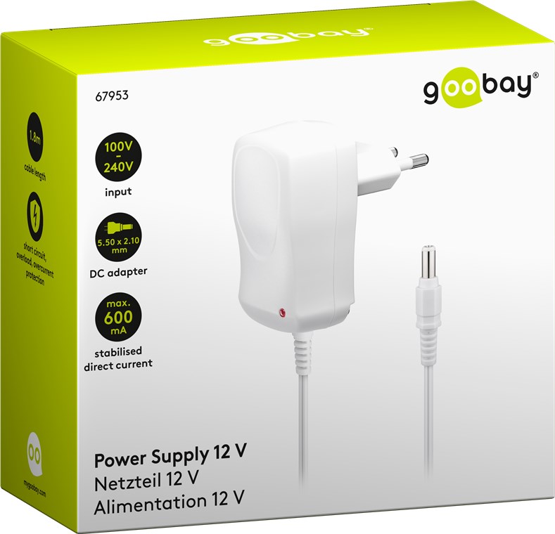 12 V Netzteil - Farbversion Weiß - mit 5,5 mm x 2,1 mm Stecker - 7,2 W und 0,6 A 12 V Netzteil - Farbversion Weiß - mit 5,5 mm x 2,1 mm Stecker - 7,2 W und 0,6 A