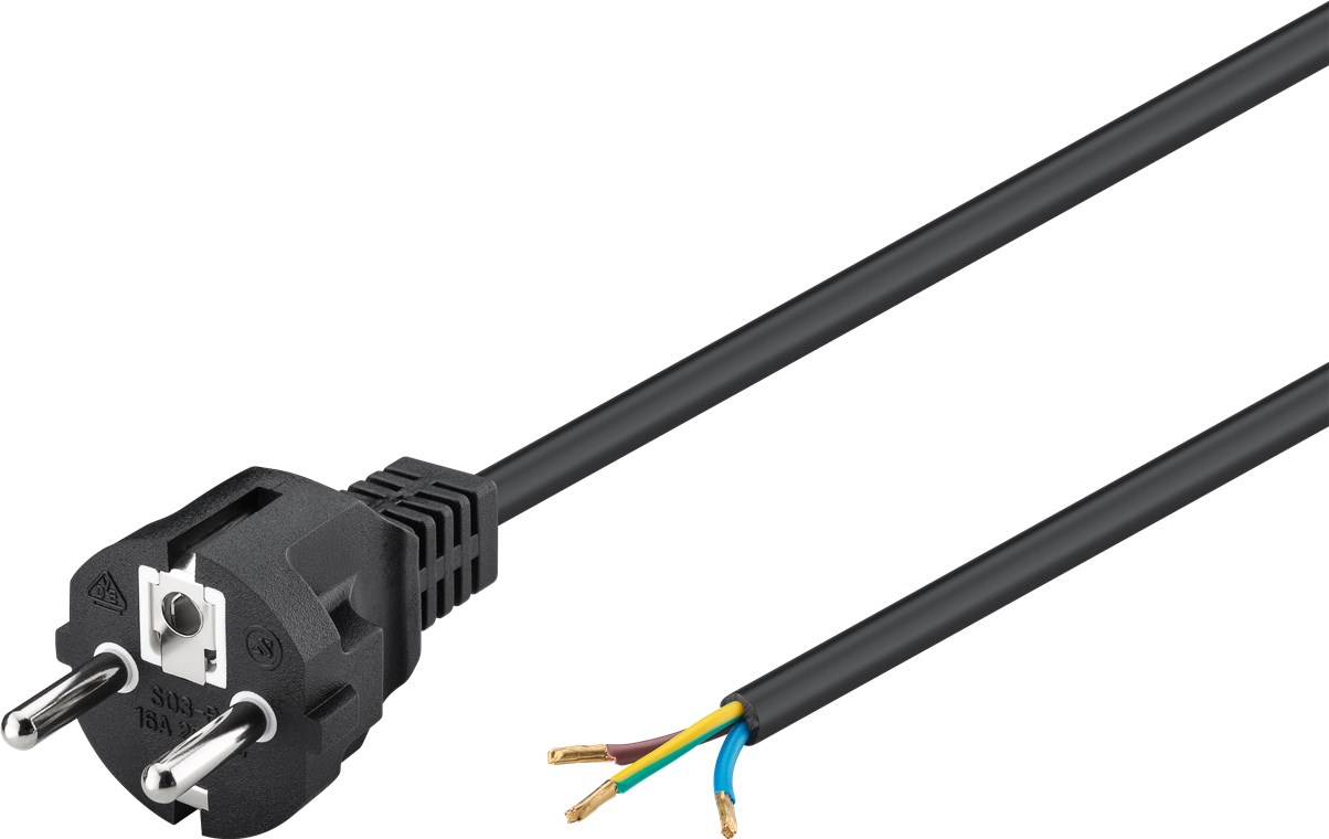 Schutzkontaktkabel zum Konfektionieren, 2 m, Schwarz - Kabellänge 2 m - Schutzkontaktstecker (Typ F, CEE 7/7) > lose Kabelenden Schutzkontaktkabel zum Konfektionieren, 2 m, Schwarz - Kabellänge 2 m - Schutzkontaktstecker (Typ F, CEE 7/7) > lose Kabelenden