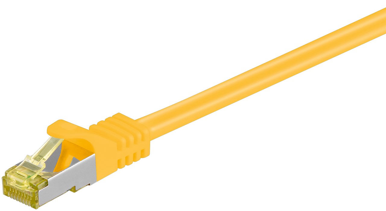 RJ45 Patchkabel CAT 6A S/FTP (PiMF), 500 MHz mit CAT 7 Rohkabel, Gelb RJ45 Patchkabel CAT 6A S/FTP (PiMF), 500 MHz mit CAT 7 Rohkabel, Gelb - Kabellänge 0.25 m - Kupferleiter (CU), halogenfreier Kabelmantel (LSZH)
