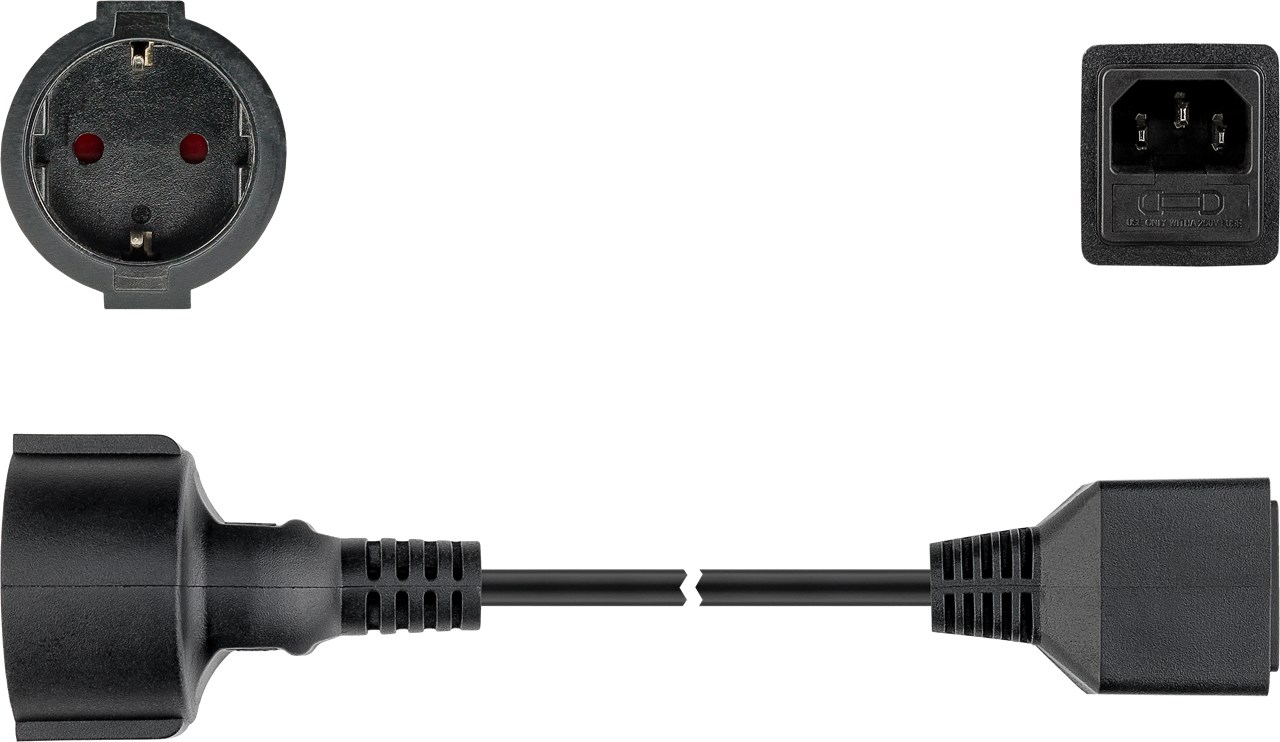 Schutzkontakt-Verlängerung, 1,5 m, Schwarz - Kabellänge 1.5 m - Schutzkontaktbuchse (Typ F, CEE 7/7) > Gerätestecker C14 (Kaltgeräteanschluss) Schutzkontakt-Verlängerung, 1,5 m, Schwarz - Kabellänge 1.5 m - Schutzkontaktbuchse (Typ F, CEE 7/7) > Gerätestecker C14 (Kaltgeräteanschluss)