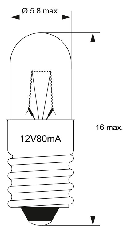 Röhrenlampe, 1 W - Max. Leistungsaufnahme 1 W - Sockel E5,5, 12 V (DC), 80 mA Röhrenlampe, 1 W - Max. Leistungsaufnahme 1 W - Sockel E5,5, 12 V (DC), 80 mA