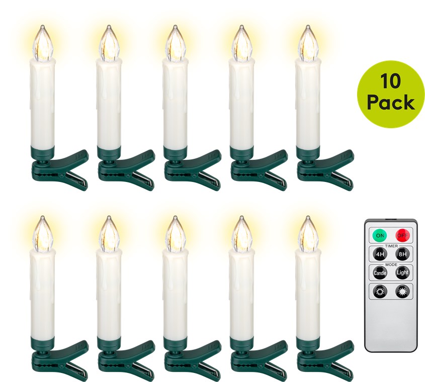 10 kabellose LED-Weihnachtsbaumkerzen 10 kabellose LED-Weihnachtsbaumkerzen - mit Klemmen und IR-Fernbedienung zur Steuerung von Timer, Leuchtmodi und Dimmer