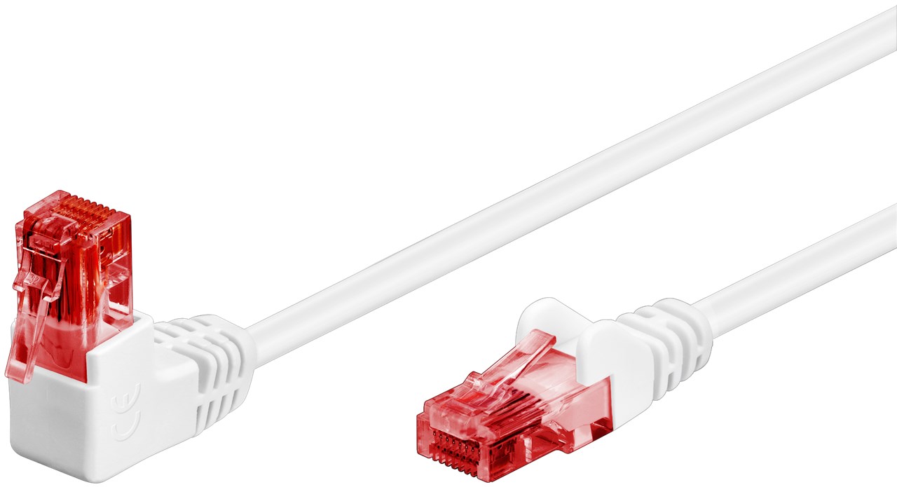 CAT 6 Patchkabel 1x 90° gewinkelt, U/UTP, weiß, 1 m CAT 6 Patchkabel 1x 90° gewinkelt, U/UTP, weiß, 0,25 m - Kabellänge 0.25 m - Kupferkaschierter Aluminiumleiter (CCA), Rastnase oben