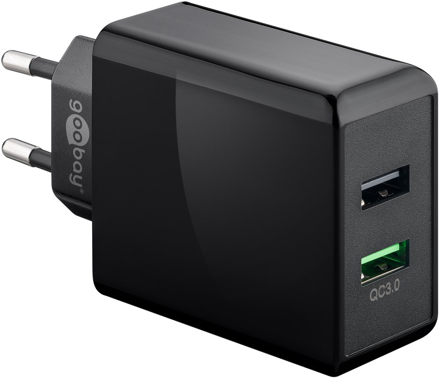 Dual-USB Schnellladegerät USB/QC3.0 (28 W), Schwarz - lädt bis zu 4x schneller als Standardladegeräte Dual-USB Schnellladegerät USB/QC3.0 (28 W), Schwarz - lädt bis zu 4x schneller als Standardladegeräte