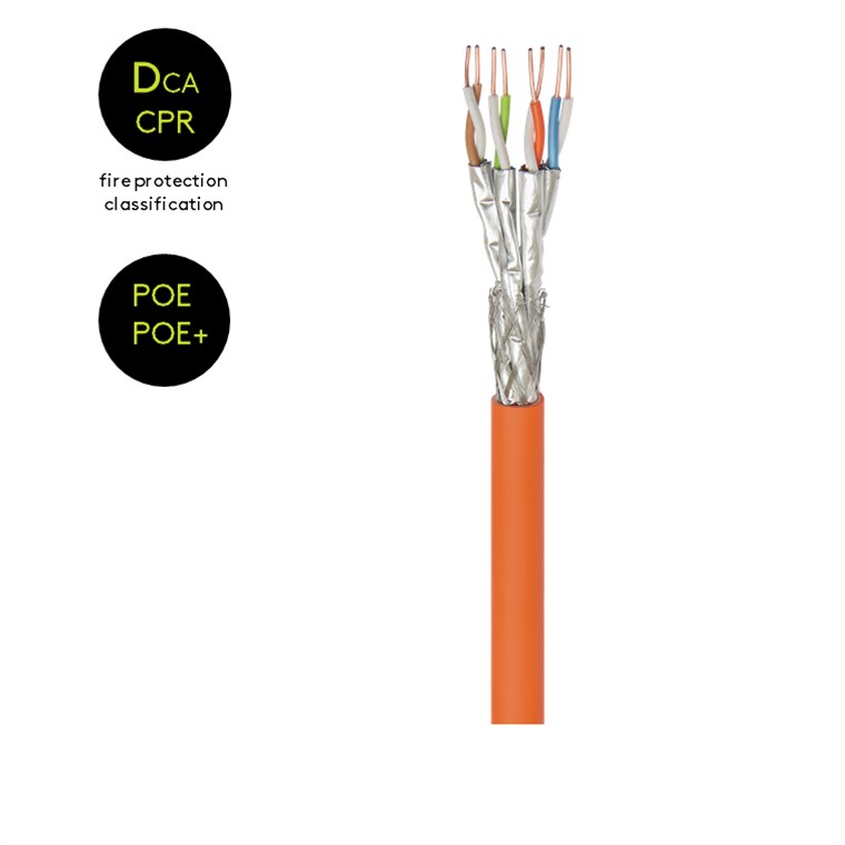 CAT 7A Netzwerkkabel, S/FTP (PiMF), Orange - Kabellänge 250 m - Kupferleiter (CU), AWG 23/1 (solid), halogenfreier Kabelmantel (LSZH) CAT 7A Netzwerkkabel, S/FTP (PiMF), Orange - Kabellänge 250 m - Kupferleiter (CU), AWG 23/1 (solid), halogenfreier Kabelmantel (LSZH)