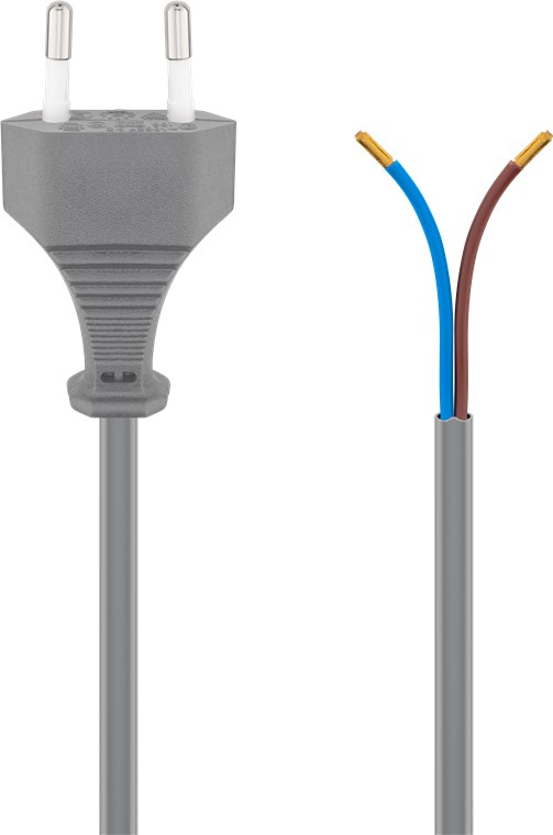 Kabel mit Eurostecker zum Konfektionieren, 1,5 m, Grau - Farbversion Grau - Eurostecker (Typ C, CEE 7/16) > lose Kabelenden