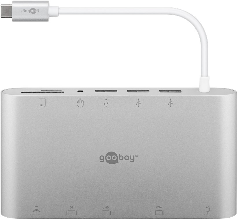USB-C™ Multiport-Adapter aus Aluminium - erweitert ein USB-C™ Gerät um einen Ethernet-, einen HDMI™-, einen VGA-, einen Mini DisplayPort-, einen 3,5 mm-Klinkenanschluss sowie einen Kartenleser für SD- und Micro-SD-Karten USB-C™ Multiport-Adapter aus Aluminium - erweitert ein USB-C™ Gerät um einen Ethernet-, einen HDMI™-, einen VGA-, einen Mini DisplayPort-, einen 3,5 mm-Klinkenanschluss sowie einen Kartenleser für SD- und Micro-SD-Karten