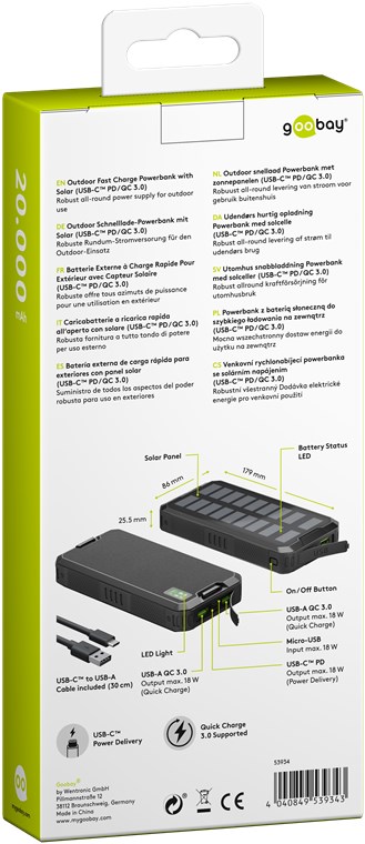 Outdoor Schnelllade-Powerbank mit Solar 20.000 mAh (USB-C™ PD, QC 3.0) - Robuste Allround-Stromversorgung für den Outdoor-Einsatz