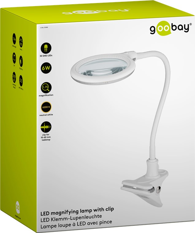 LED-Klemm-Lupenleuchte, 6 W - 100 mm Glaslinse, 1,75-fache Vergrößerung, 3 Dioptrien, 570 lm