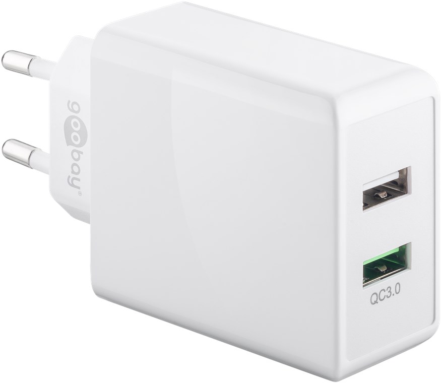 Dual-USB Schnellladegerät USB/QC3.0 (28 W), Weiß - lädt bis zu 4x schneller als Standardladegeräte Dual-USB Schnellladegerät USB/QC3.0 (28 W), Weiß - lädt bis zu 4x schneller als Standardladegeräte