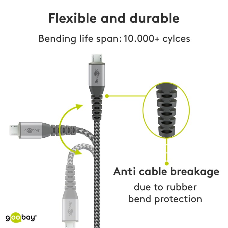 Micro-USB auf USB-A Textilkabel mit Metallsteckern (spacegrau/silber) 0,5 m - Kabellänge 0.5 m - elegantes und extra-robustes Verbindungskabel für Geräte mit Micro-USB-Anschluss