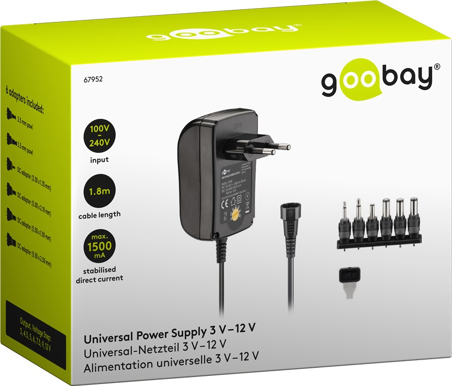 3 V - 12 V Universal-Netzteil - Ausgang, max. Stromstärke (DC) 1.5 A - inklusive 6 DC-Adapter - max. 18 W und 1,5 A 3 V - 12 V Universal-Netzteil - Ausgang, max. Stromstärke (DC) 1.5 A - inklusive 6 DC-Adapter - max. 18 W und 1,5 A