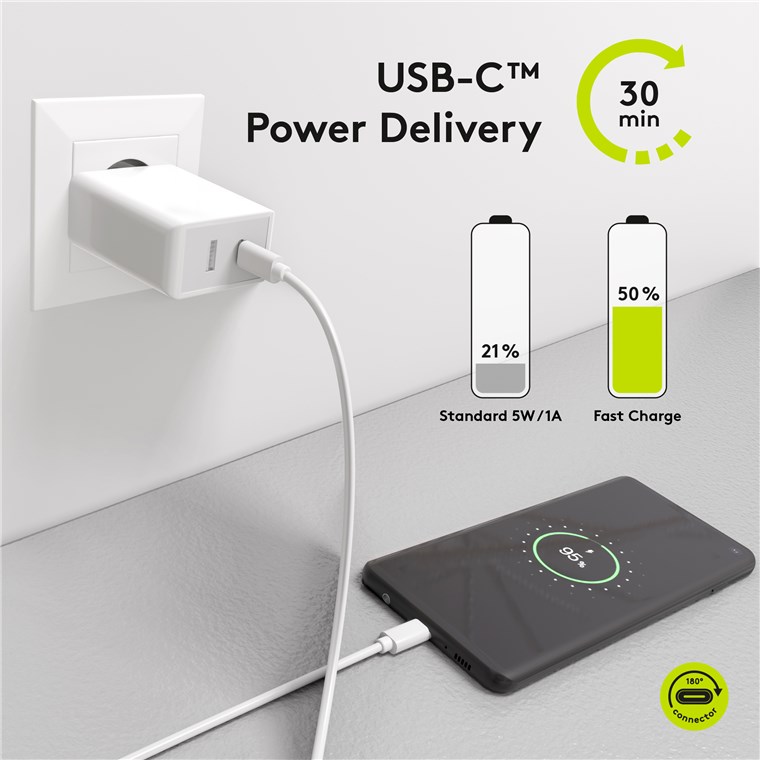 Dual USB-C™ PD (Power Delivery) Schnellladegerät (28W) weiß - geeignet für Geräte mit USB-C™ (Power Delivery) 18W oder herkömmlichen USB-A Anschluss 10W wie z.B. iPhone 12 Dual USB-C™ PD (Power Delivery) Schnellladegerät (28W) weiß - geeignet für Geräte mit USB-C™ (Power Delivery) 18W oder herkömmlichen USB-A Anschluss 10W wie z.B. iPhone 12