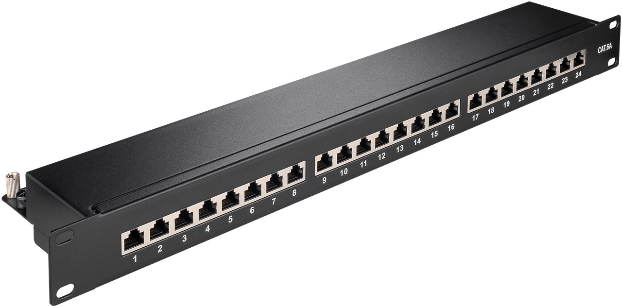 CAT 6a 19-Zoll (48,3 cm) Patch Panel, 24 Port, (1 HE) - Farbversion Schwarz - STP geschirmt, Schwarz CAT 6a 19-Zoll (48,3 cm) Patch Panel, 24 Port, (1 HE) - Farbversion Schwarz - STP geschirmt, Schwarz