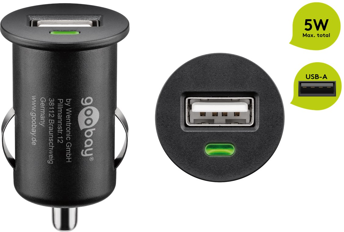 Auto-Ladegerät (1x USB) - Farbversion Schwarz - 5 W bei max. 1,0 A (12/24 V), 1x USB