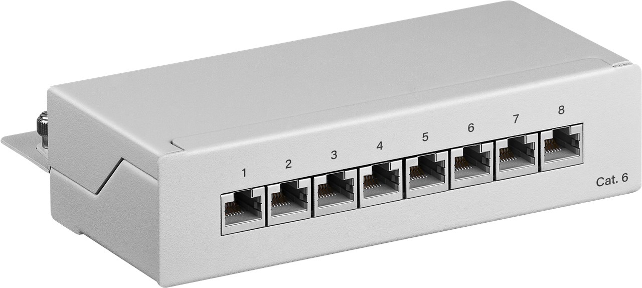CAT 6 Mini/Desktop Patch Panel, 8 Port, (1 HE) CAT 6 Mini/Desktop Patch Panel, 8 Port, (1 HE) - Farbversion Grau - STP geschirmt, Grau