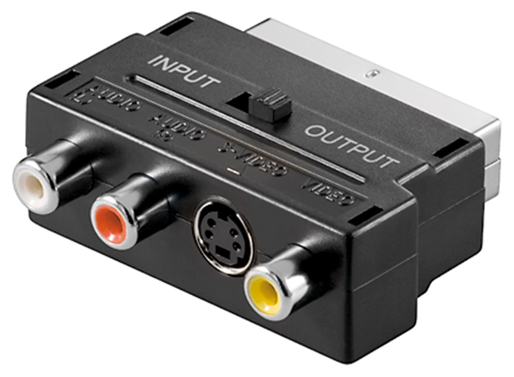 Scart zu Composite Audio Video und S-Video Adapter, IN/OUT Scart zu Composite Audio Video und S-Video Adapter, IN/OUT - Anschluss, Typ Scartstecker (21-Pin) - Scartstecker (21-Pin) > 3x Cinch-Buchse + Mini-DIN 4-Buchse (S-Video)