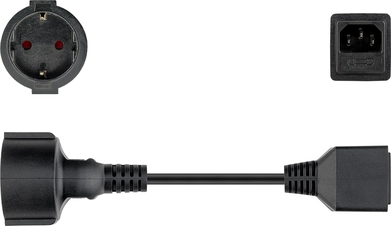 Schutzkontakt-Verlängerung, 20 cm, Schwarz - Kabellänge 0.2 m - Schutzkontaktbuchse (Typ F, CEE 7/7) > Gerätestecker C14 (Kaltgeräteanschluss)