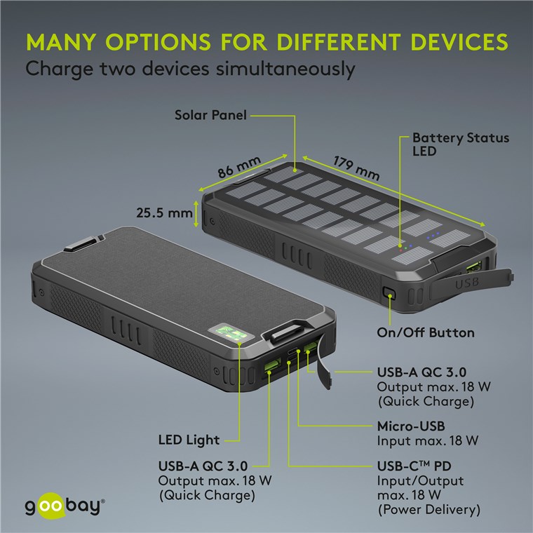 Outdoor Schnelllade-Powerbank mit Solar 20.000 mAh (USB-C™ PD, QC 3.0) - Robuste Allround-Stromversorgung für den Outdoor-Einsatz