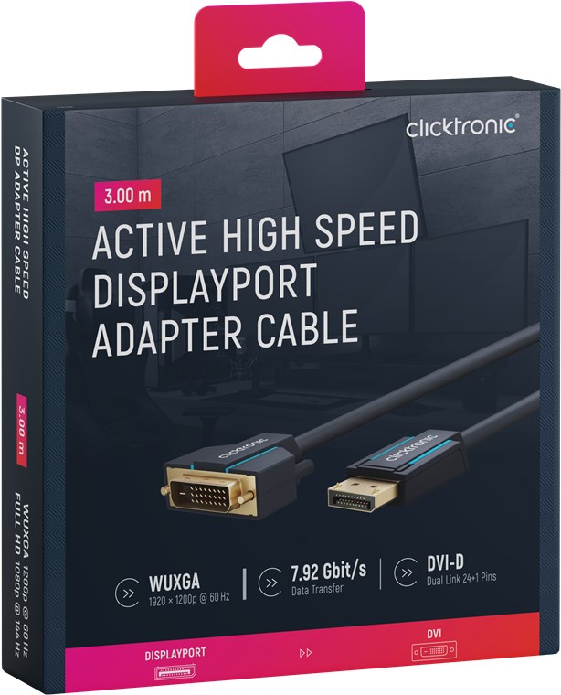 Aktives DisplayPort-auf-DVI-D-Adapterkabel - Kabellänge 3 m - Premium-Kabel|1x DisplayPort-Stecker >> 1x DVI-D-Stecker Dual-Link|3,0 m|WUXGA @ 60 Hz