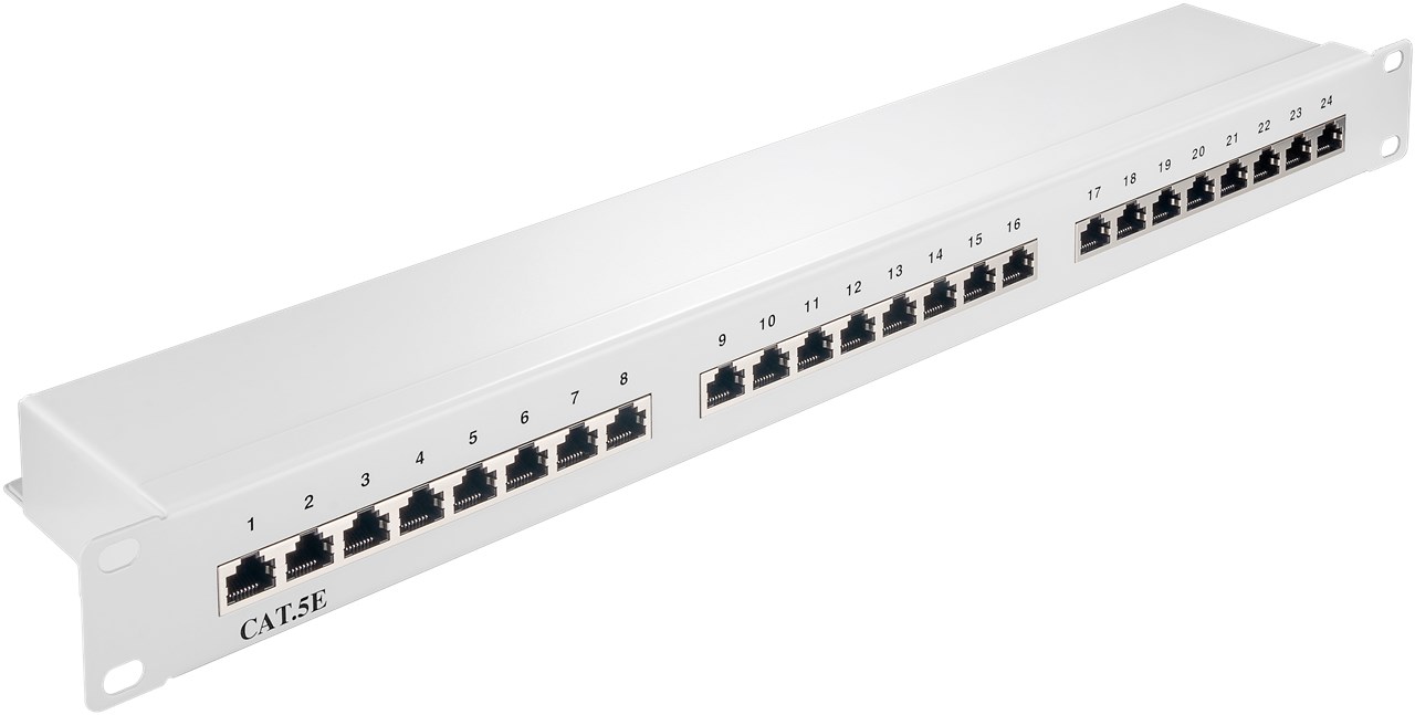 CAT 5e 19-Zoll (48,3 cm) Patch Panel, 24 Port, (1 HE) CAT 5e 19-Zoll (48,3 cm) Patch Panel, 24 Port, (1 HE) - Schirmungsklasse STP - STP geschirmt, Grau