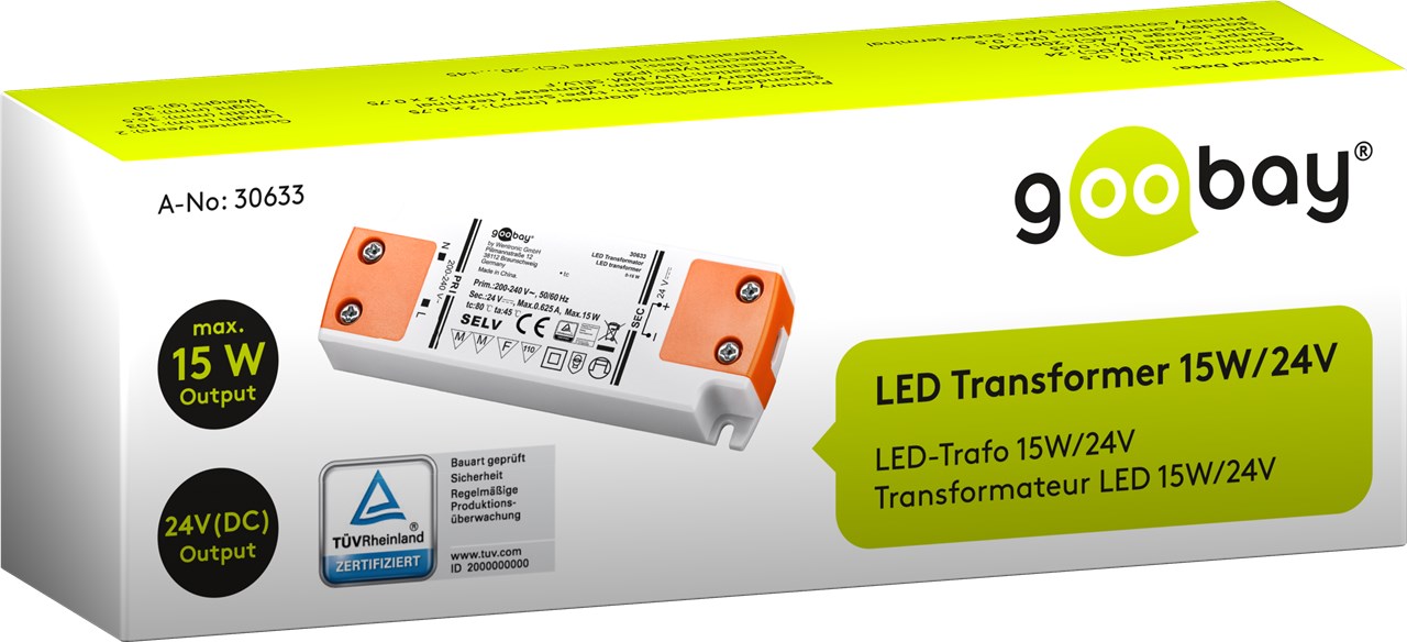 LED-Trafo 24 V/15 W - 24 V DC für LEDs bis 15 W Gesamtlast LED-Trafo 24 V/15 W - 24 V DC für LEDs bis 15 W Gesamtlast