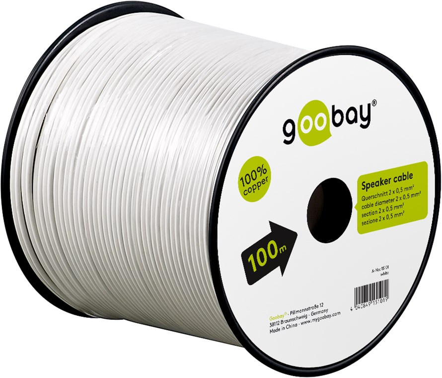 Lautsprecherkabel weiß CU - Kabellänge 100 m - 100 m Spule, Querschnitt 2 x 0,5 mm²