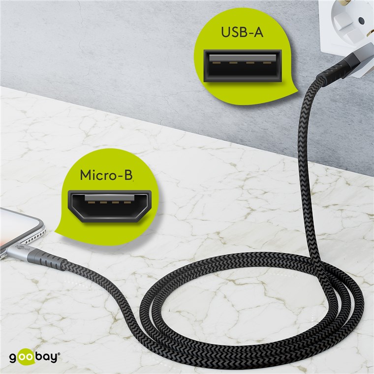 Micro-USB auf USB-A Textilkabel mit Metallsteckern (spacegrau/silber) 0,5 m - Kabellänge 0.5 m - elegantes und extra-robustes Verbindungskabel für Geräte mit Micro-USB-Anschluss Micro-USB auf USB-A Textilkabel mit Metallsteckern (spacegrau/silber) 0,5 m - Kabellänge 0.5 m - elegantes und extra-robustes Verbindungskabel für Geräte mit Micro-USB-Anschluss